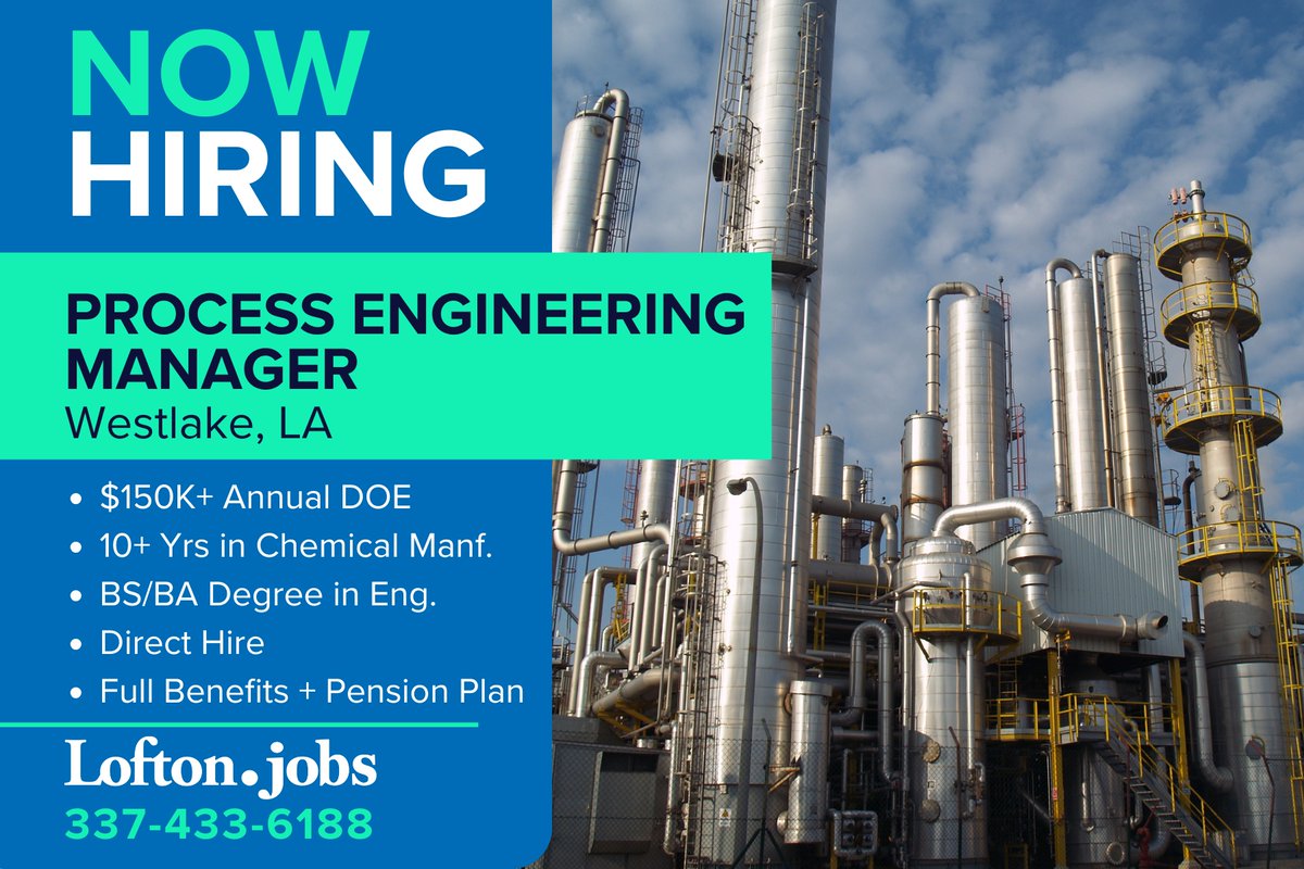 LoftonJobs's tweet photo. #NowHiring Process Engineering Manager

Our client is a small, well-established, specialty chemical manufacturer with deep roots in the Gulf Coast region looking for a Process Engineering Manager. This is a high-impact technical leadership role for an experienced process engineer who is ready to drive efficiency, lead meaningful projects, and help shape the long-term growth of a complex chemical manufacturing site.

https://t.co/ihF2XeVzGM

#ProcessEngineering #engineering #chemicalindustry #chemicalmanufacturing #gulfsouthjobs #directhire #benefits #pensionplan #loftonjobs
