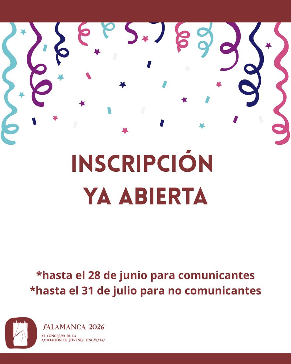 AJL_2026's tweet photo. Una vez recibidas las decisiones del comité científico, ya se ha abierto el plazo de inscripción. 

🗓️Los comunicantes tenéis que registraros antes del 28 de junio, pero los no comunicantes gozáis de unos días más para realizar la inscripción.

¡Os esperamos con muchas ganas! ⚡️ https://t.co/vIEpK7tv7f