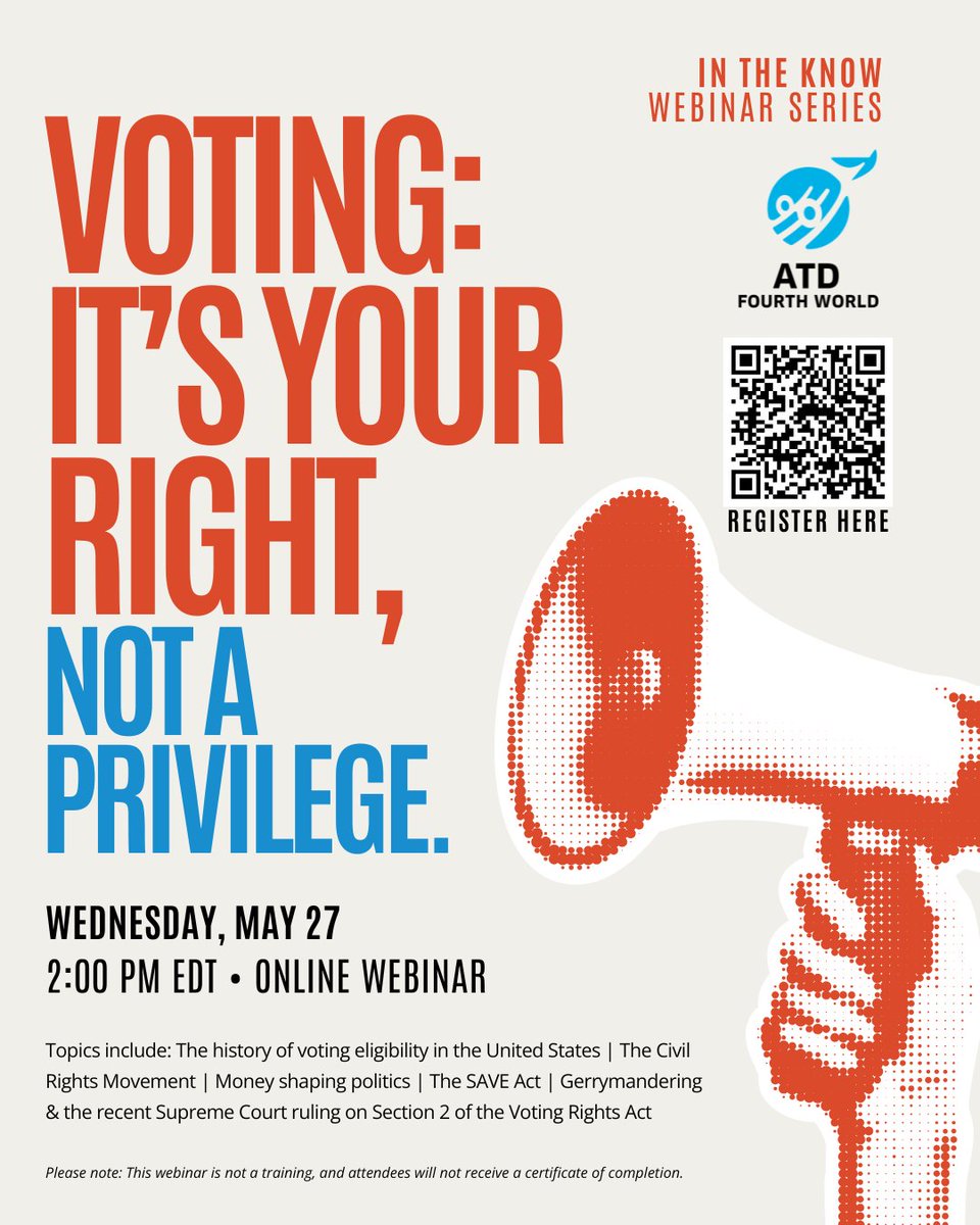 ATD4thWorld_US's tweet photo. 📚 Welcome to our new “In the Know” #Webinar Series!

This educational series will focus on the history of specific topics and ways people can advocate if they wish to. 

Join our first webinar: “#Voting: It’s Your Right, Not a Privilege.” 

RSVP here! https://t.co/nzTozafpID https://t.co/jx0yCqfscK