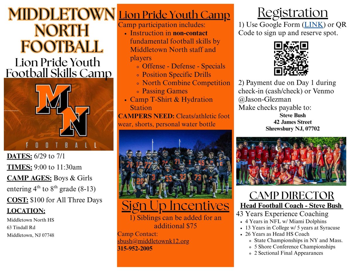 footballMNLions's tweet photo. 2026 Middletown North Youth Lion Pride Camp! 

Click the link or scan the QR code to register.

https://t.co/1AHAd8mbZF https://t.co/r0MkYZ2qo5