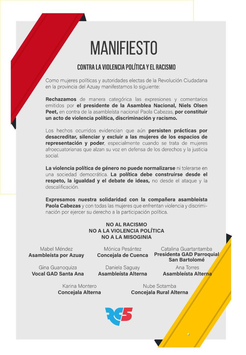 MabeMendezR's tweet photo. #Manifiesto| Como mujeres políticas y autoridades electas de la @RC5Oficial en la provincia del Azuay, expresamos nuestra solidaridad con la compañera asambleísta @PaolaCabezasC. Ni el racismo ni la misoginia deben tener lugar en la primera función del Estado. https://t.co/y8KeDbAlAy