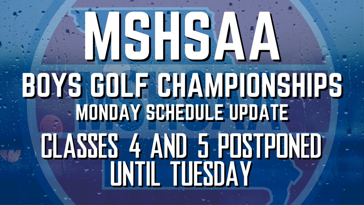 MSHSAAOrg's tweet photo. Due to weather and course conditions, the first round of the Class 4 & 5 Boys Golf Championships has been postponed to Tuesday. The Class 4 & 5 Championships will now be shortened to 18 holes and played entirely on Tuesday.

Play will begin at 8 a.m. with the same tee times and pairings previously scheduled.

We will continue to monitor weather and course conditions and make any necessary updates.