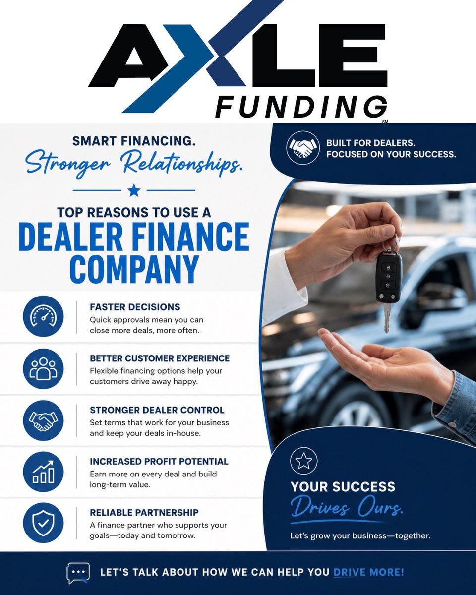 AxleFunding's tweet photo. Driving Dealers Forward.
Apply Today! https://t.co/WLg7xXq5qq