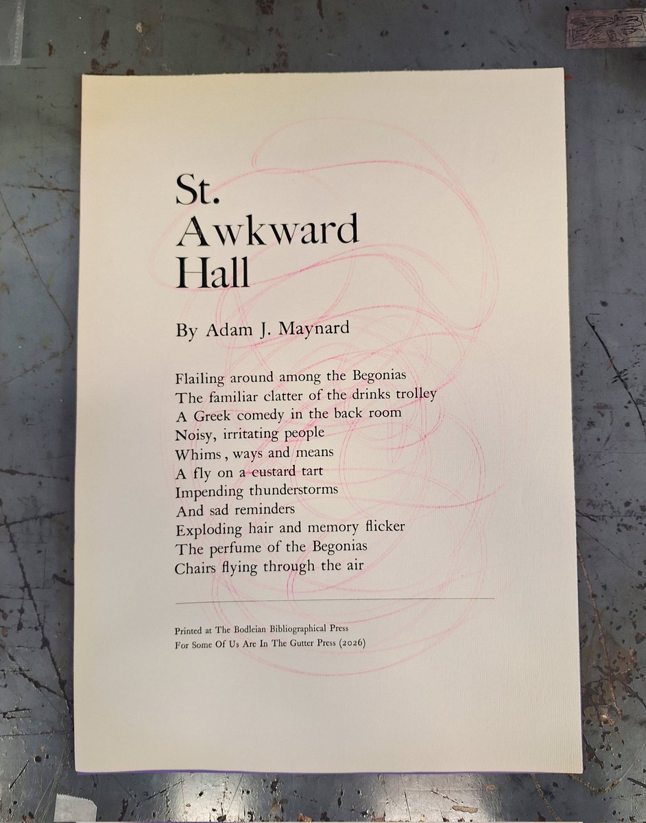 adamjmaynard1's tweet photo. St. Awkward Hall by Adam J. Maynard (2026)

Poetry broadside printed letterpress and riso at The Bodleian Bibliographical Press @bodleianlibs 

#poetry #letterpress #riso #bodleianlibrary #adamjmaynardpoetry #adamjmaynard https://t.co/8YIMQKsJ7A
