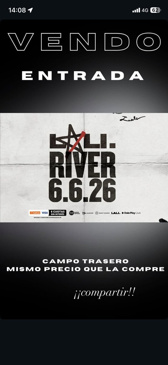 CelesteGuerzoni's tweet photo. Vendo una entrada para Lali campo trasero! #lali #lalienriver https://t.co/F2mENhhMS1