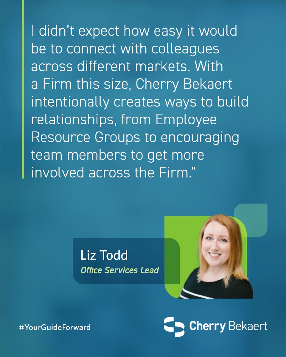 pbrecruits's tweet photo. At @CherryBekaert, connection is built with intention. Liz’s experience reflects the opportunities we create to collaborate, get involved and feel part of a Firm‑wide community. 

Ready to grow your career with us? 
Apply at https://t.co/Olsrw0hkK7 

#JoinTeamCB #YourGuideForward https://t.co/Lvj4F6JAVs