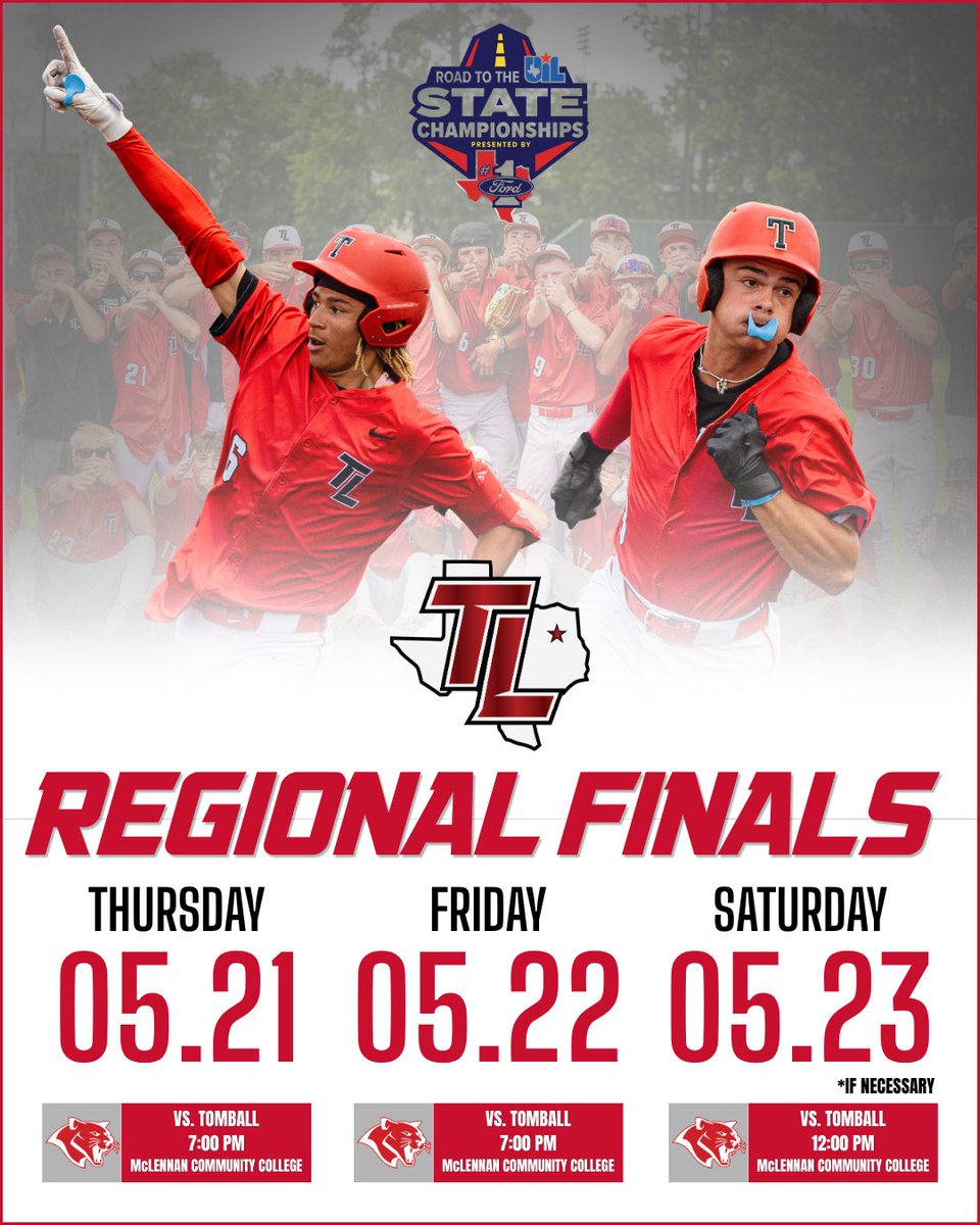 TylerISD_Ath's tweet photo. One of just 8️⃣ teams remaining in 6A-DII!

Tyler Legacy will take on Tomball in the Regional Finals this week at McLennan Community College’s Bosque River Ballpark.

- Thursday, May 21 (7:00)
- Friday, May 22 (7:00)
- IF NEEDED: Saturday, May 23 (12:00) https://t.co/UjZOOTh7Mk