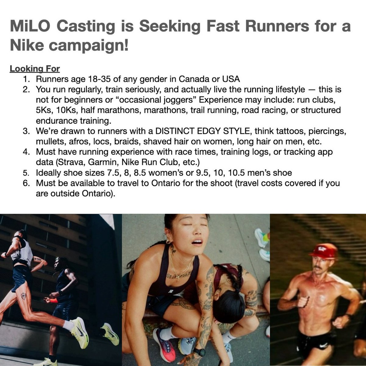 milocasting's tweet photo. Casting Call for FAST RUNNERS in Canada or USA for a Nike campaign!  Submit here: https://t.co/gjq2pyAf7k https://t.co/XdcsTbV7kY