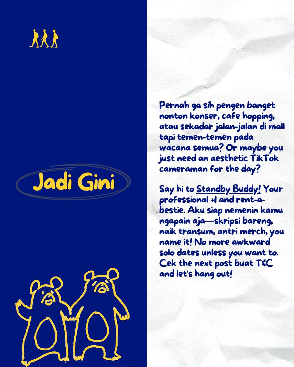 standbybuddy's tweet photo. Wacana mulu sama temen? 🫠 Need an aesthetic TikTok cameraman, one day assistant, or temen skripsi? Meet Standby Buddy! 👋

Bantu Like &amp; Rt Buddies 🌟

#StandbyBuddy #JasaTemen #SewaPacarSFW #JasaAntri #Jastip #InfoJakarta #TemenNongkrong #TemenKonser #Jakarta #ZonaUang #Joki https://t.co/ixp2zr0f1r