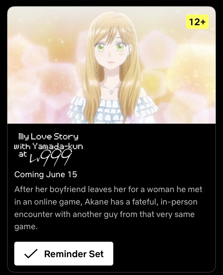 shojospain's tweet photo. ¡'My Love Story with Yamada-kun at Lvl999' estará disponible en @NetflixES el próximo 15 de junio! Aunque no se ha confirmado, seguramente será en VOSE.

El anime se estrenó con mucho éxito la temporada de primavera de 2023 y aún esperamos una confirmación de la T2. https://t.co/fW9hXGsuLZ