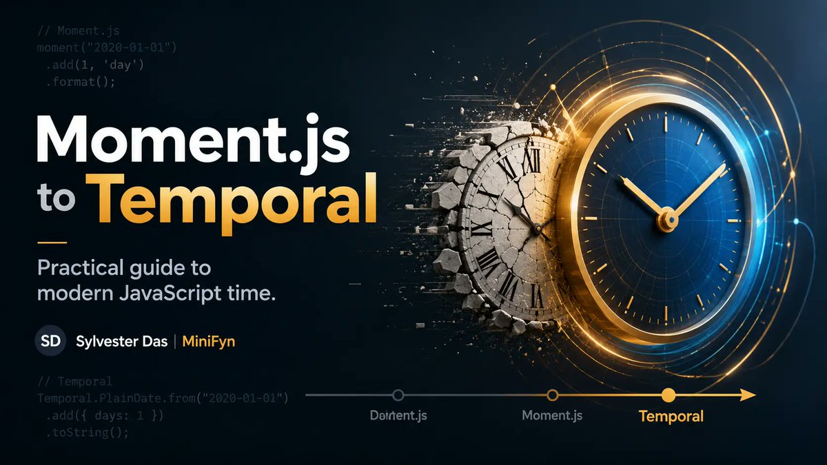 minifyncom's tweet photo. Tired of mutable dates and complex timezone logic? Discover the power of the new JavaScript Temporal API. Our latest article provides a step-by-step migration path from…
https://t.co/1L6i9LnkLX https://t.co/kNo3MYXmm9