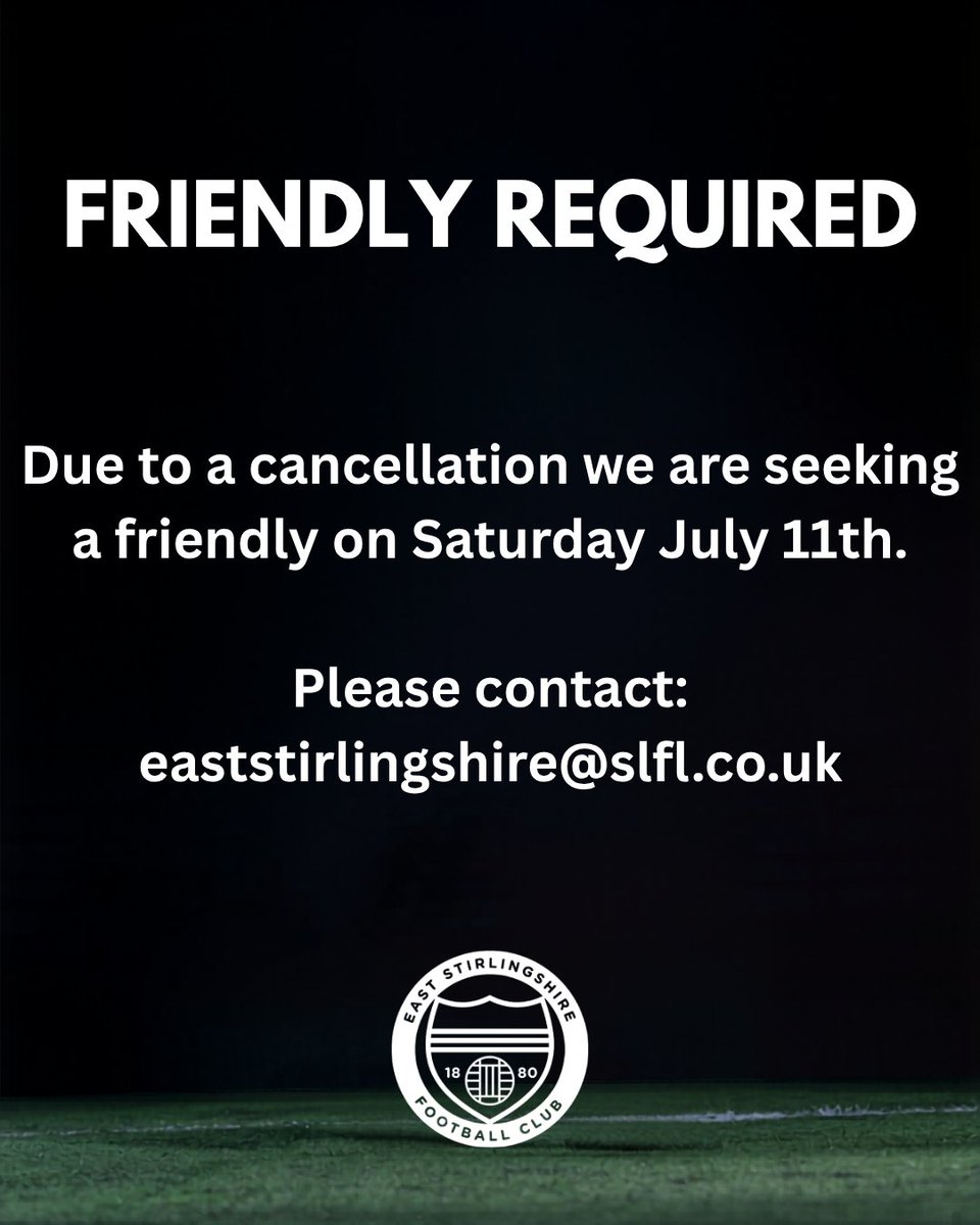 TheShireFC's tweet photo. 𝑭𝑹𝑰𝑬𝑵𝑫𝑳𝒀 𝑹𝑬𝑸𝑼𝑰𝑹𝑬𝑫

Due to a cancellation we are seeking a friendly on Saturday July 11th.

We ask any interest clubs to please contact: eaststirlingshire@slfl.co.uk

#EaseUpShire https://t.co/9KAvsY7YB7