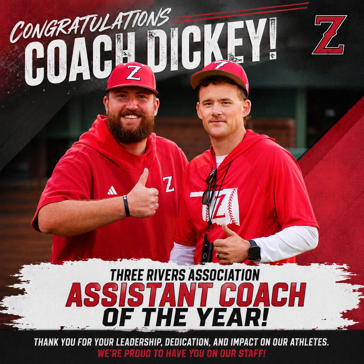 zebsbaseball's tweet photo. Coach Taylor (on the left) and the rest of the staff are excited to congratulate Coach Dickey (on the right) on being named the Three Rivers Association Assistant Coach of the Year! Proud of the impact he continues to make on our program and with #OurGuys. https://t.co/i1kPzFsQJL
