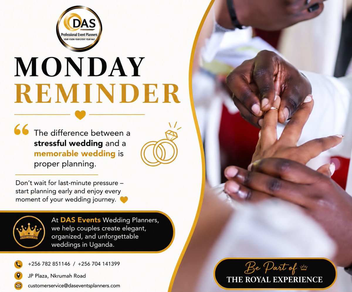 Das_Events's tweet photo. ✨ MONDAY REMINDER ✨

The difference between a stressful wedding and a memorable wedding is proper planning. Your wedding day should be filled with love, joy, and beautiful moments not pressure and confusion.
#MondayMotivation #WeddingPlannerUganda #UgandaWeddings #BrideToBe #WeddingPlanning #RoyalExperience