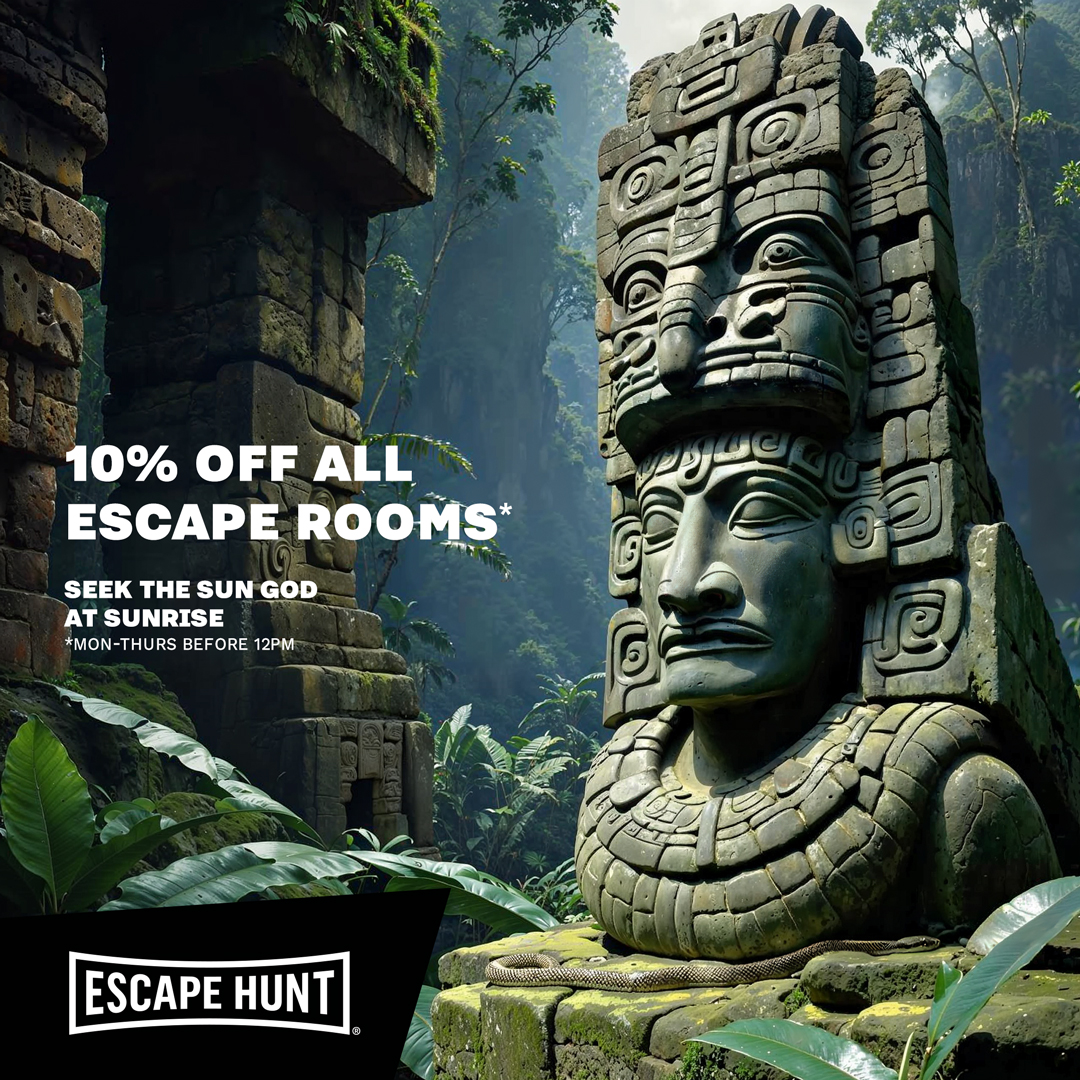 EscapeHuntUK's tweet photo. Seek the Sun God at sunrise with our Early Bird offer. Simply book your thrilling escape room experience between Mon-Thurs before 12pm to receive 10% off your booking! Use code: EHEARLYBIRD
T&amp;Cs apply https://t.co/bG4awXUIyL