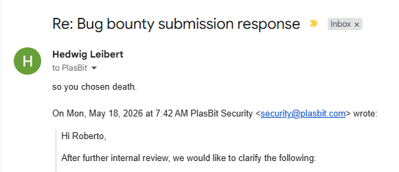 PlasBit's tweet photo. there’s a new trend where people think ChatGPT and Claude make them a white hat hacker.

we got a “critical exploit” report through our #bugbounty program demanding $35,000 for what turned out to be public information pulled through Meteor/DDP noise and public app data

he never got access to any funds or any user data, the “exploit” was mostly public information.

we even offered a small courtesy amount because we respect people who report things the right way.

guess he didn’t take it well.

his final message was: “so you chosen death.” 🤣