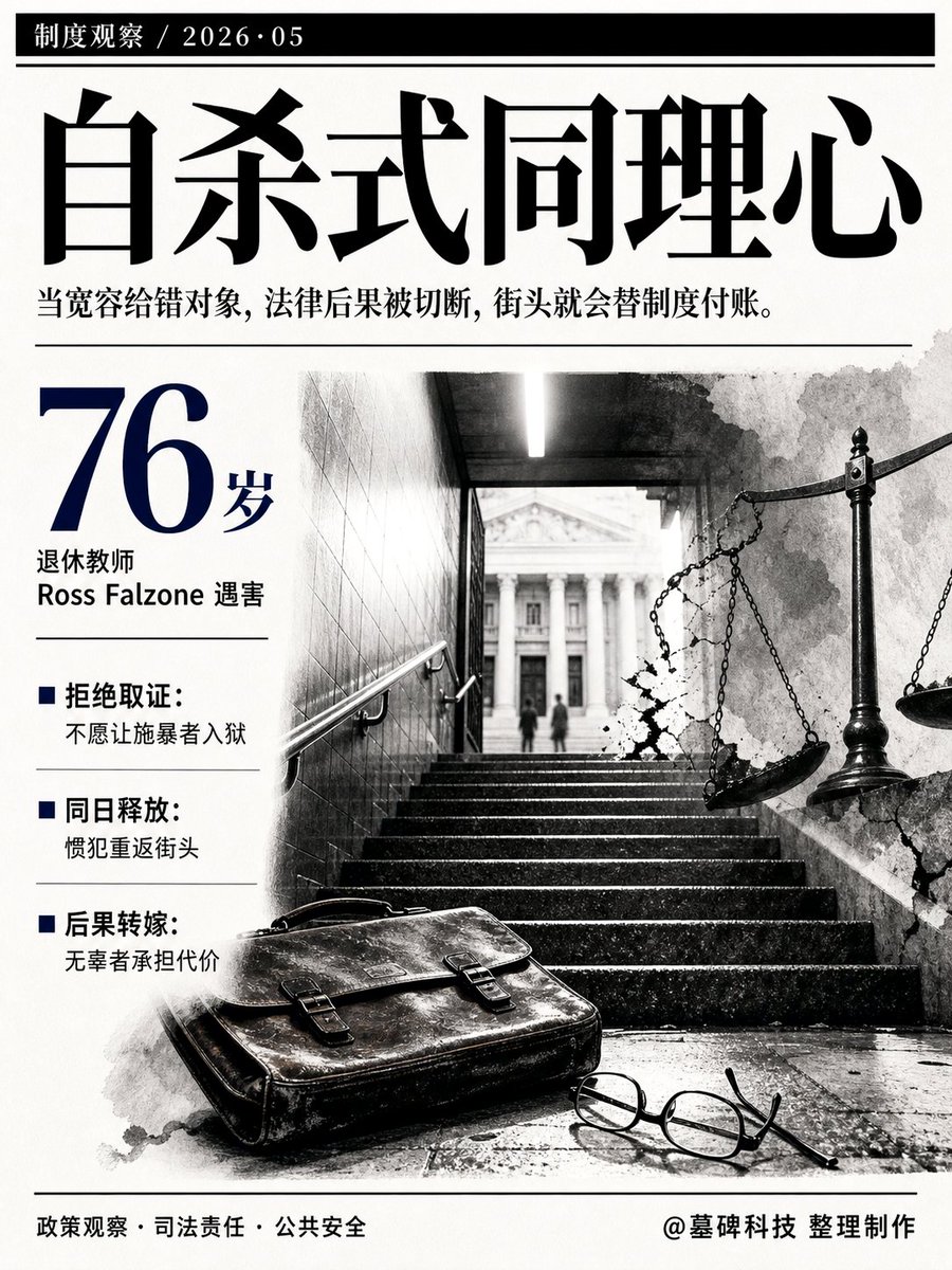 mubeitech's tweet photo. 纽约地铁里，一个23岁的白人女孩被暴徒袭击。

警察来找她取证，她拒绝配合。
她给出的原话是：“我不想再让一个黑人进监狱。”

几周之后，闭环完成了。
这个因为她拒不配合而留在街头的壮汉，把76岁的退休教师 Ross Falzone 推下地铁楼梯。
老人当场身亡。
这起谋杀发生的时间，正是凶手从精神病院被释放的同一天。
在随后的庭审中，这个32岁的惯犯 Rommel Burke 全程微笑。

学者 Gad Saad 专门写了一本书，给这种现象定性为：自杀式同理心。
同理心本是人类进化出来的协作工具。
但当它给错了目标，变成对罪犯无限宽容、对无辜者视而不见时，就成了摧毁社会的毒药。
在极左的政治叙事里，惯犯往往被描绘成系统的“受害者”。
他们犯罪，被解释为遭受了白人至上主义的压迫。
把他们关进监狱，等同于二次惩罚。

这种自我感动一旦运转起来，是没有尽头的。
挪威发生过一起骇人听闻的案件。
受害者是一名本地男性，施暴者是一名索马里移民。
因为挪威司法的仁慈，罪犯只服了极短的刑期，随后将面临遣返回国。
受害者得知后，竟然陷入了巨大的精神内耗。
他在担心自己的强奸犯回到索马里后，会无法充分发挥人生的潜能。

再看美国的法官系统。
波士顿一名法官，给一个对着警察连开13枪的罪犯只判了5年。
此人出狱后，又在街头狂扫五六十枪，打伤两人。
当公众去法官家质问时，法官的回应是：我已经不记得这个案子了。

这就是西方部分司法系统正在推行的运转机制。
强行切断个人行为与法律后果的因果关系。
用道德制高点上的虚荣，换取街头上真实流淌的血液。
当法官和受害者都在争相免除罪犯的个人责任时，现代法治的基石也就被彻底抽空了。