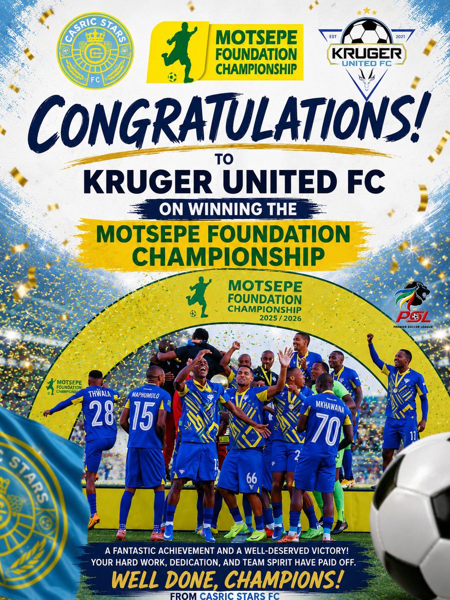 therealnativefc's tweet photo. Congratulations to Kruger United FC on being crowned 2025/26 Motsepe Foundation Championship champions 🏆
Wishing you all the best as you step up to the Betway Premiership. 🎊🎉🥳 https://t.co/qVrhM4DCyY