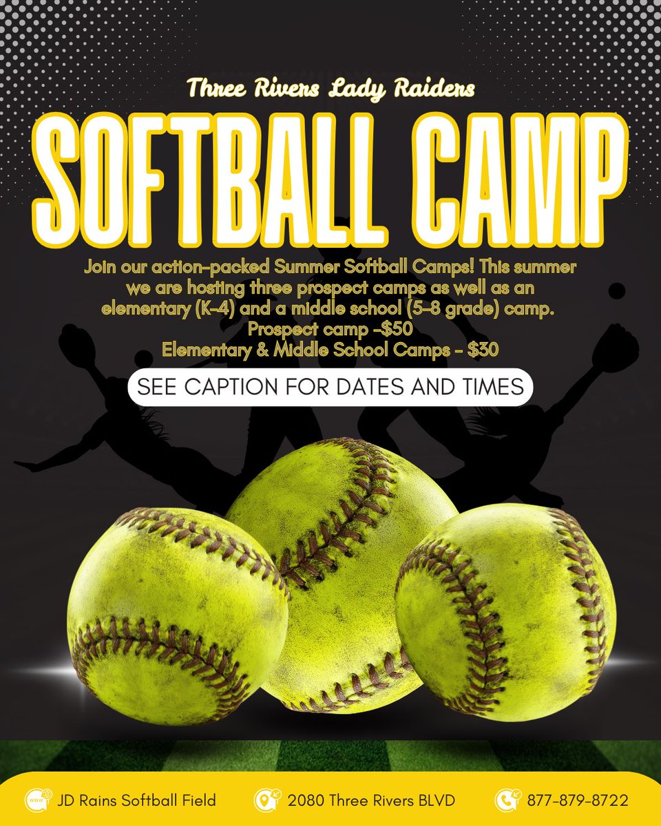 3Rsoftball's tweet photo. Camp Season
All camps. 9am-12pm 
May 26 - Prospect Camp

June 2 - Elementary camp

June 9 Prospect Camp

June 16 - Middle School 

June 23 Prospect camp 

Can call/text to reserve your spot. 
Coach Null - 573-778-6788
Coach Law - 573-718-2297
Coach Gwin - 573-712-3693 https://t.co/NWH2Al8Qyg
