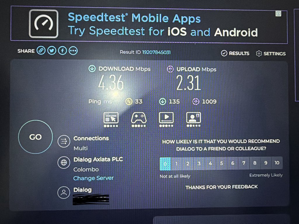ranil_enm's tweet photo. Paying for mobile data in 2026 and getting 4.36 Mbps download / 2.31 Mbps upload in Colombo. This is barely usable for work, streaming, or video calls. Need better consistency from @dialoglk 

#Dialog #SriLanka #Internet #lowspeed https://t.co/5ksLdOTmZD