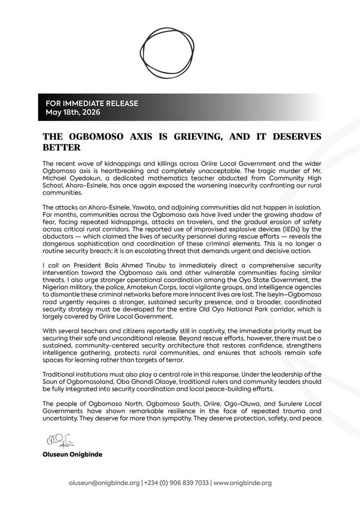 seunonigbinde's tweet photo. I stand with the people of Ogbomoso in these challenging times with a note to the authorities to act swiftly to rescue kidnapped victims and apply a holistic response to degrading security situation in the Ogbomoso axis. 

I also pray that the Lord will grant strength to the bereaved and may the souls of the departed rest in peace.