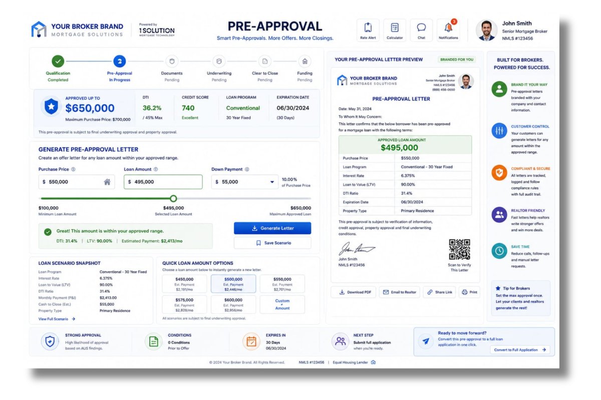 1Solution_'s tweet photo. Smart pre-approvals = Faster closings. 🚀

Generate branded pre-approval letters instantly, improve borrower experience, and close more deals with 1 Solution Mortgage Software. 🔥

#MortgageBroker #PreApproval #MortgageTech #Fintech https://t.co/NgWGWbVqHz