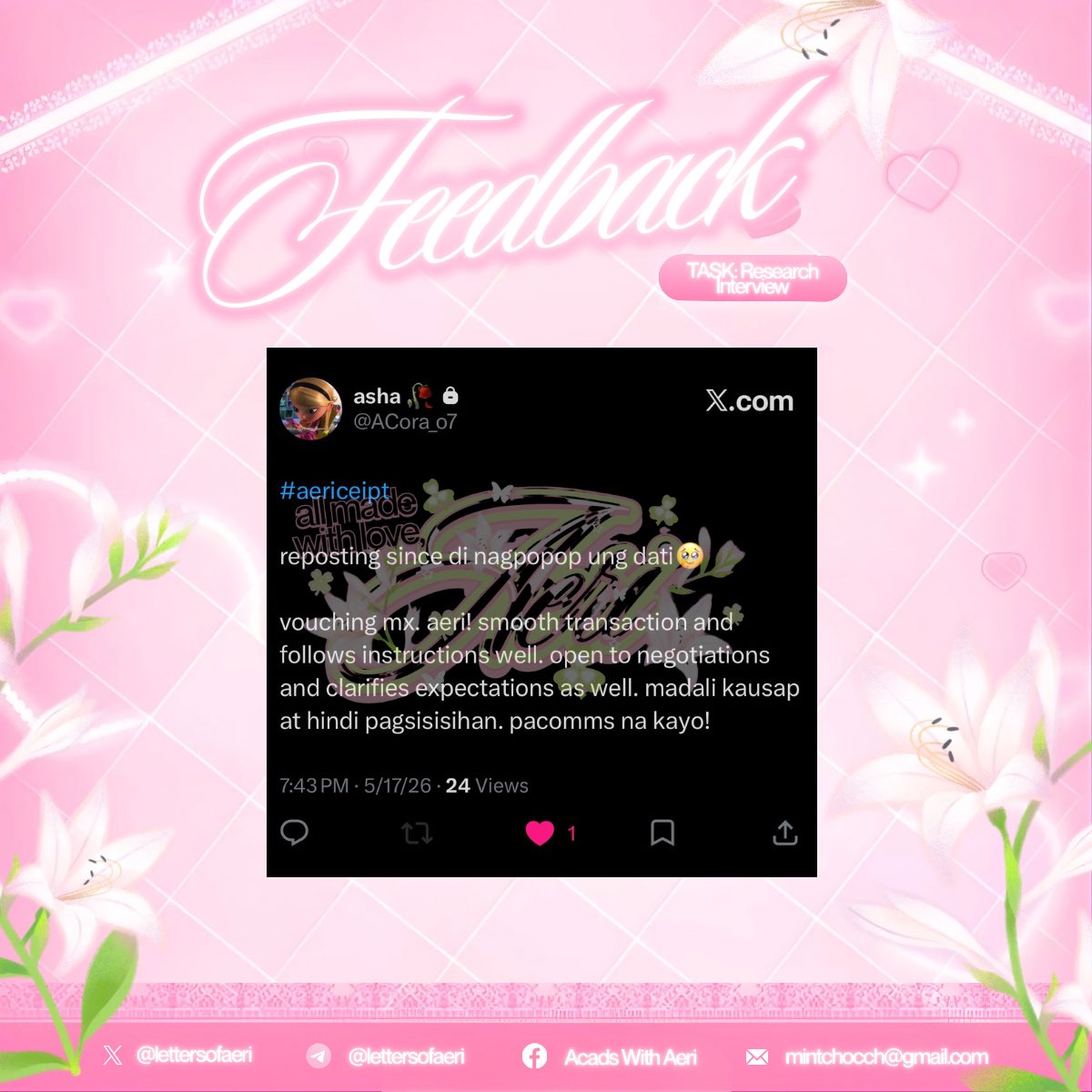lettersofaeri's tweet photo. [ ⋮ 048 ] #aericeipt 🪷

note : sharing via twt as the client’s currently on private 🪽sOOO for this task — kwento ! 😸💭 i’ve done a lot of research responses & survey participations for my clients, but it’s my first tine being in an interview 👩🏻‍💻 honestly, i was a bit shy at first but i had fun overall <3 plus !!! to add to that, their topic was physical health awareness & wellness care which was so informative 😷🩹 .ᐟ 

see you on the next one ♡