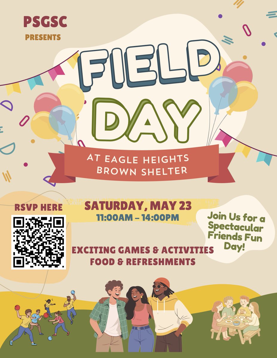 psgsc's tweet photo. 🎉 PSGSC Field Day is here!
Join us at Eagle Heights Shelter on Saturday, May 23 (11 AM–2 PM) for games, activities, food &amp; refreshments! ☀️🏃‍♂️🍔
Bring your friends and come enjoy a fun-filled day together! 🎈 https://t.co/nYZzeSM9wc