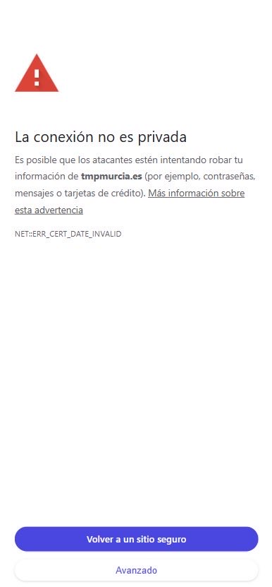 NicolasFenoll's tweet photo. @TMPmurcia Por favor, arreglad el certificado de seguridad de vuestra web, que lleva caducado 36 días. https://t.co/VGDZRRNlmN