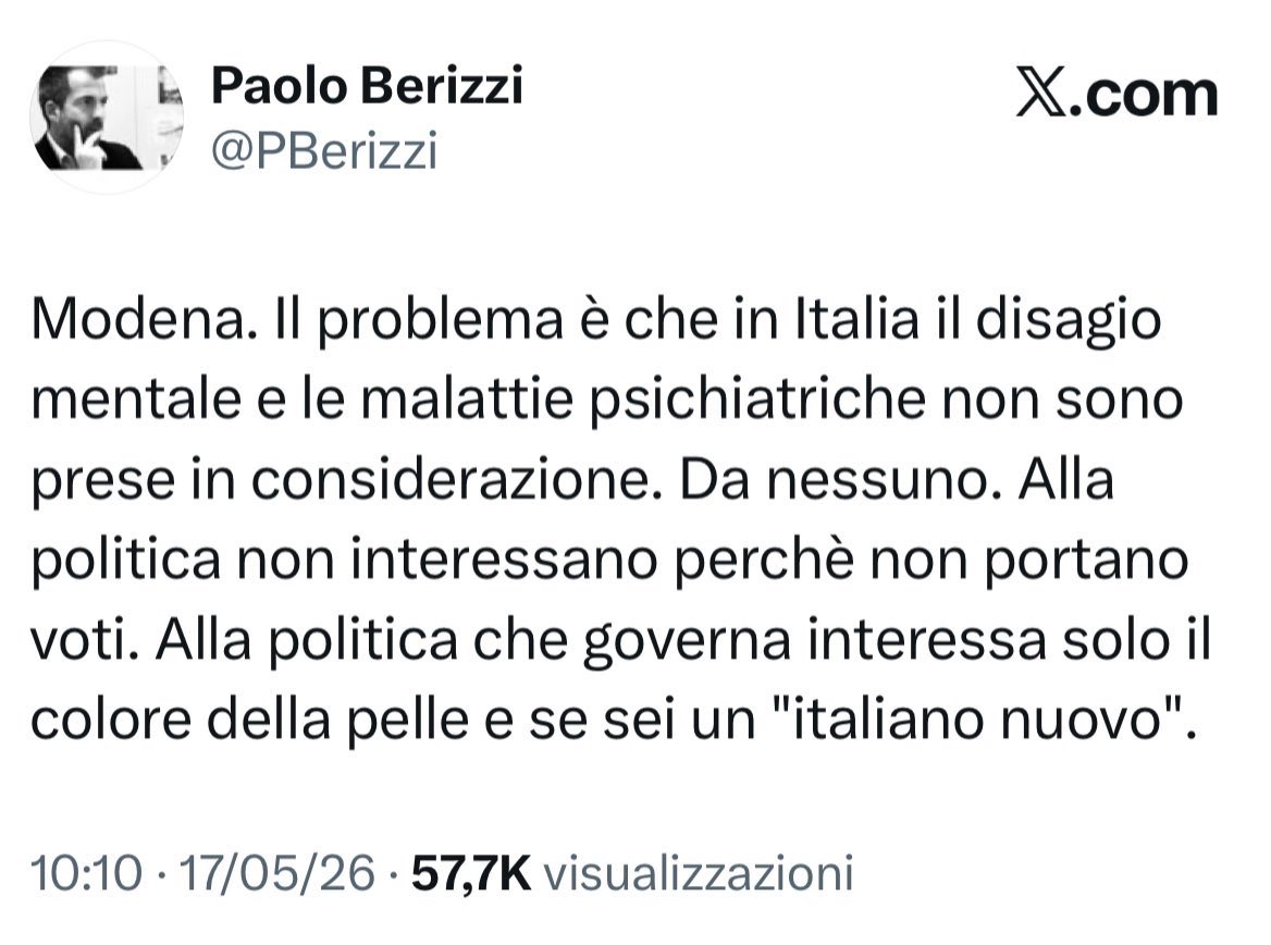 PietroPerconte's tweet photo. Continua la narrazione del giornalismo italiano che prova a  nascondere il problema dietro “una malattia psichiatrica” #Modena https://t.co/rQA8nizdOH