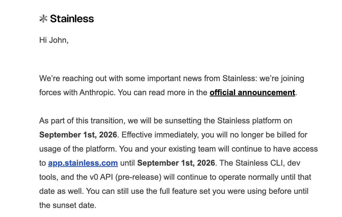 ay_ushr's tweet photo. surely anthropic don't hate openai enough to buy stainless just to shut it down https://t.co/a345ShxtCr