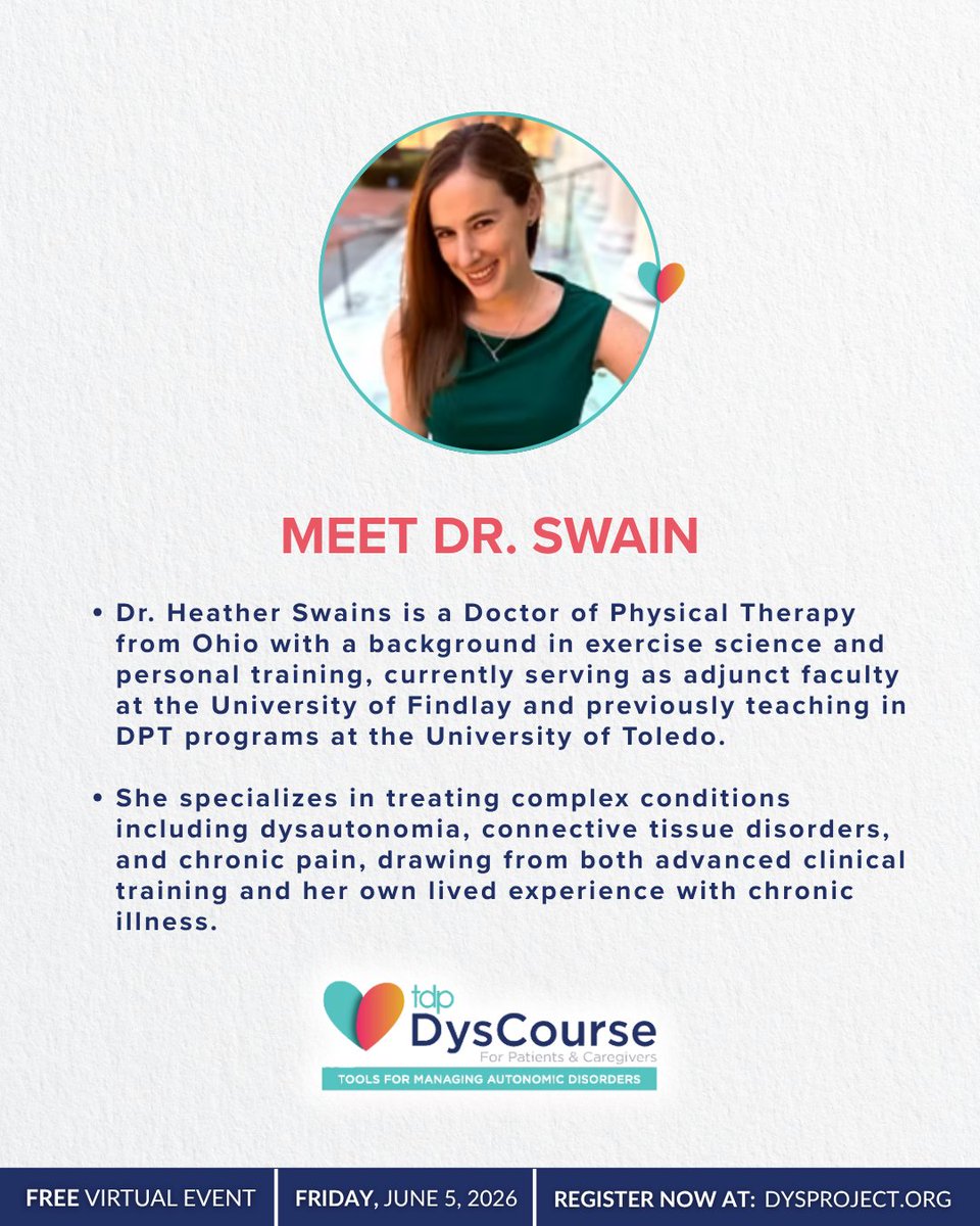 dys_project's tweet photo. Meet the Speaker: Dr. Heather Swain 💙 

Join us June 5 for DysCourse. Dr. Swain will share PT tips for POTS and dysautonomia, including ways to build strength, improve activity tolerance, and support daily life.

Register through our IG bio or DysCourse ‘26 highlight.

#POTS https://t.co/ruqzWu1oSm