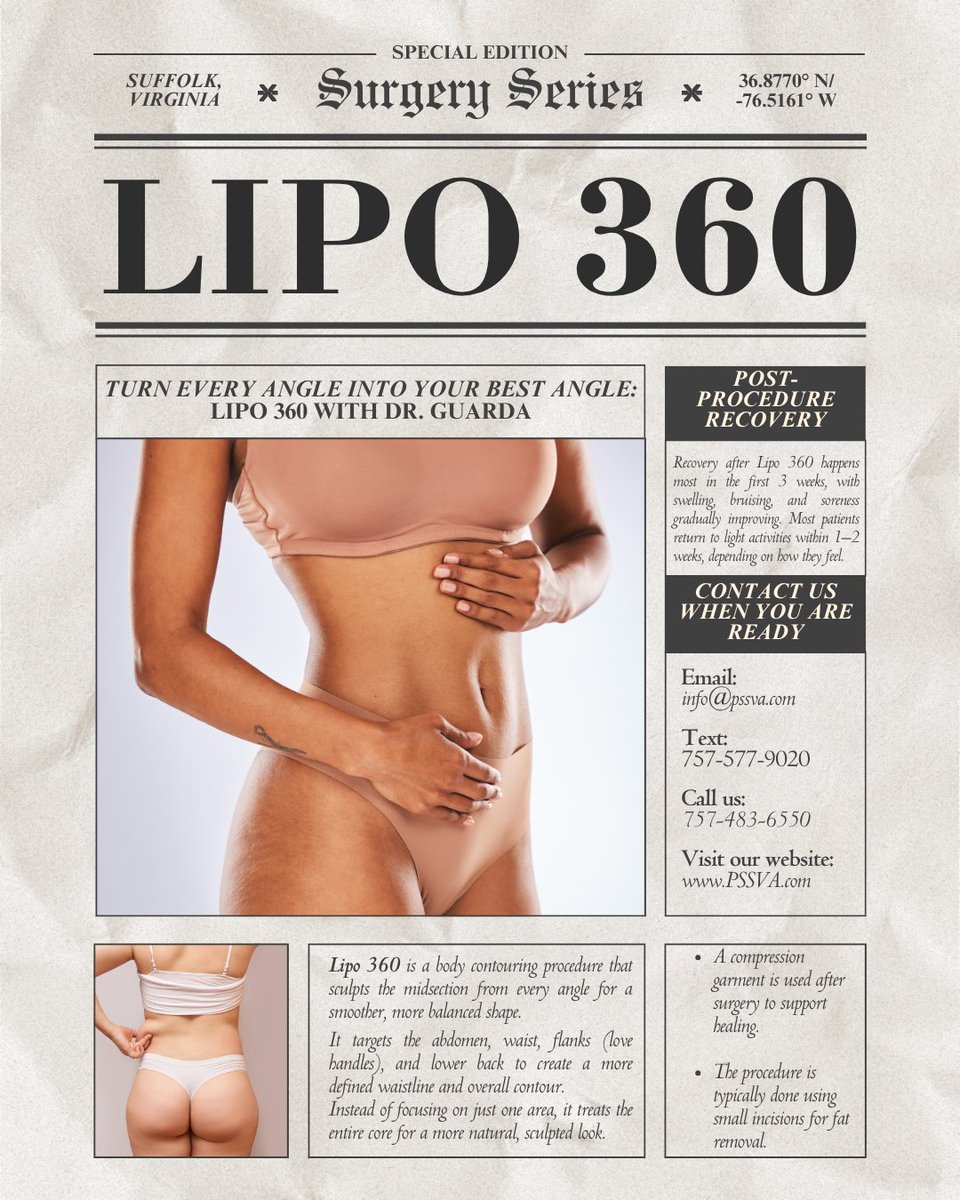 pssva's tweet photo. Turn every angle into your best angle ✨ Lipo 360 with Dr. Guarda sculpts the waist, abdomen, flanks, and back for a smoother, more defined look from every side. Ready for your glow-up? 💫 Book your consult at PSSVA today. 

Text us at: 757-577-9020 or Email us at info@pssva.com https://t.co/v41ySJ8x4i
