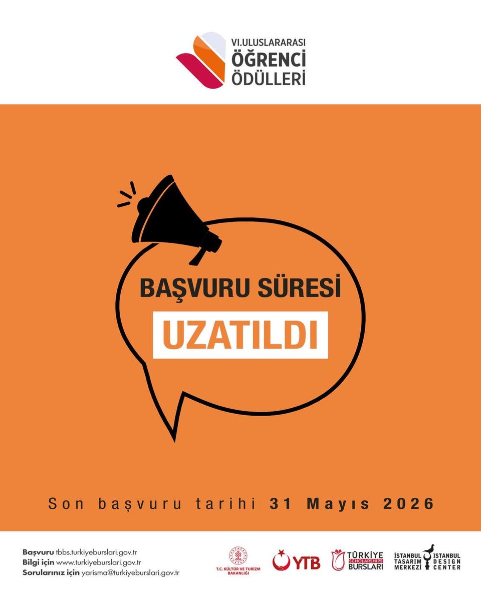 itmakademi's tweet photo. VI. Uluslararası Öğrenci Ödülleri’ne gösterilen yoğun ilgi ve gelen talepler doğrultusunda başvuru süresi uzatıldı!

Son başvuru tarihi: 31 Mayıs 2026❗️

Başvuru ve detaylı bilgi için:
https://t.co/ytcX9UXkBm https://t.co/5OjTWNaSje
