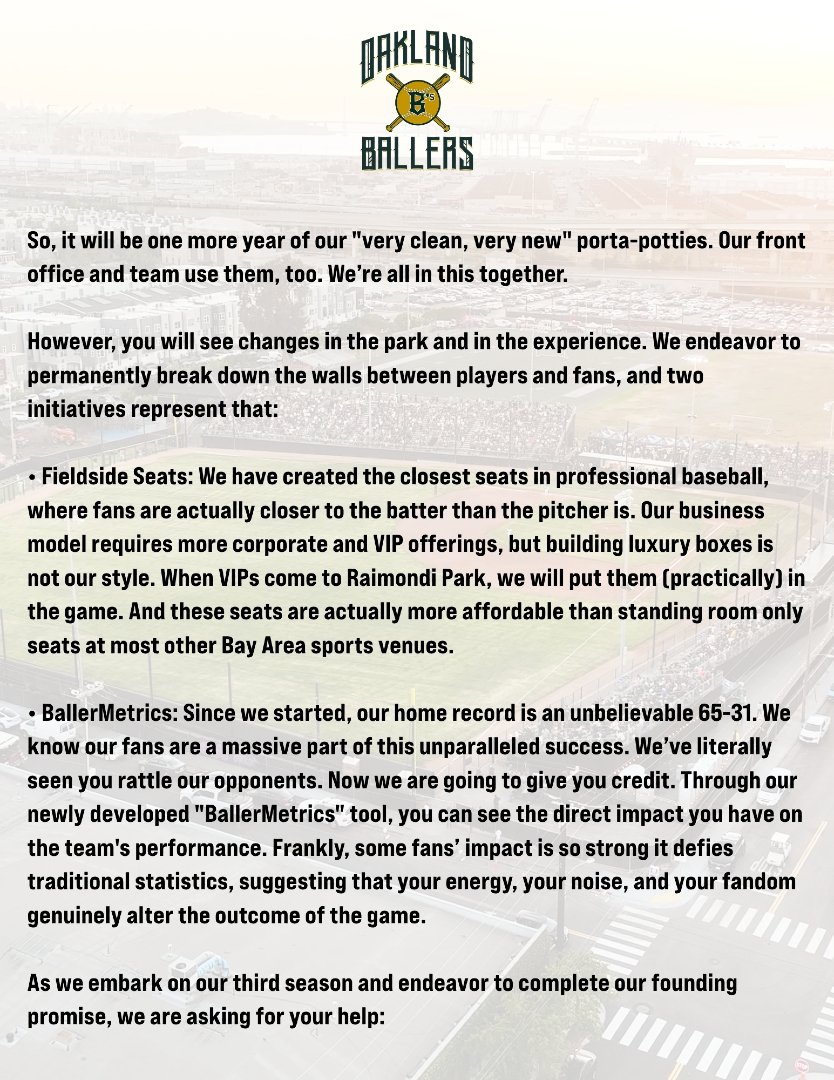 OaklandBallers's tweet photo. Built by Oakland. For Oakland. FOREVER Oakland. A letter from our co-founders ahead of Opening Day. https://t.co/pi1lYQ2dRN