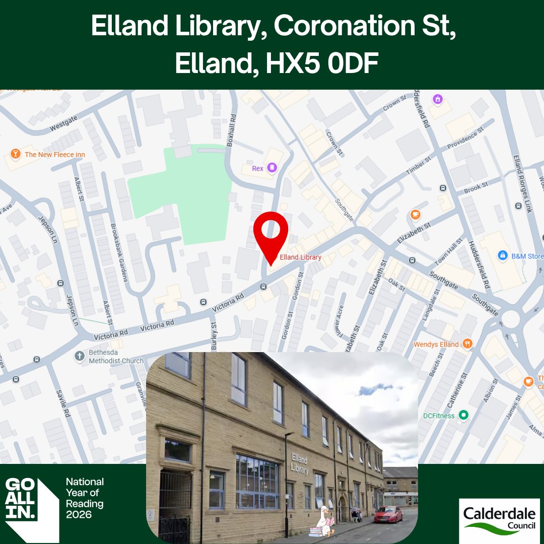 CMBClibraries's tweet photo. Arthur visited Elland Library this week after hearing dragons were dropping in for half term 🐉
He travelled on the 501/X1, and found it in the beautifully restored former Constitutional Club. Elland library blends local history with a modern community space — well worth a visit! https://t.co/scatWbISJ1