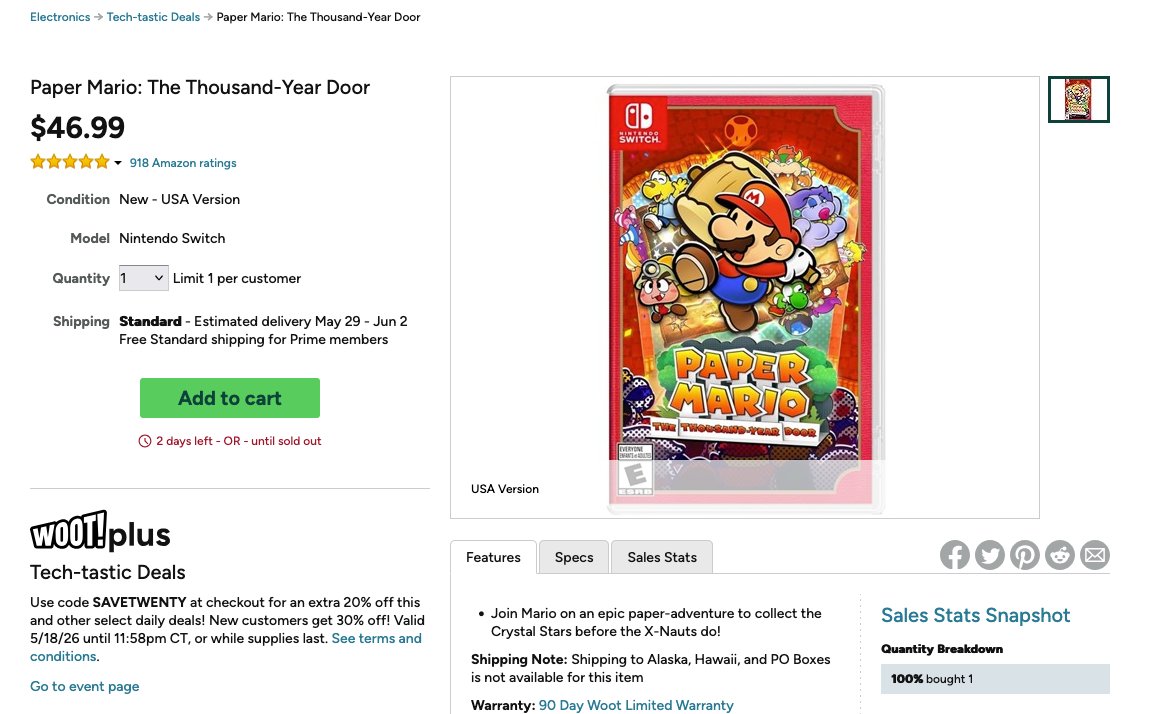 Nintendeal's tweet photo. Paper Mario: The Thousand-Year Door (Switch) physical release is $37.59 at Woot from Amazon with coupon code SAVETWENTY at checkout: https://t.co/rjEO5DdG3j #ad today only, will probably sell out fast https://t.co/GHdtQeOS0j