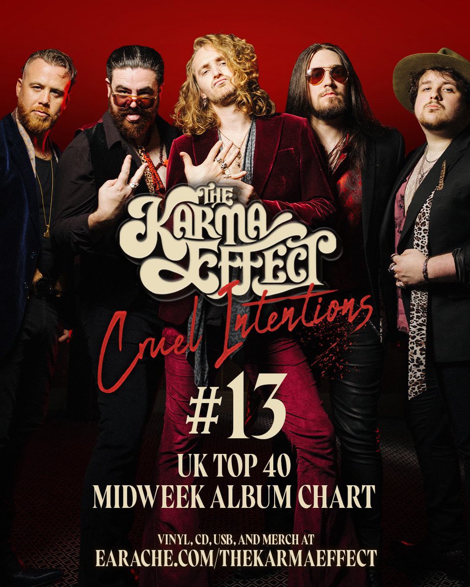 KarmaEffectUK's tweet photo. Wow! 
#13 in the midweeks! So it so, so amazing. Thank you all. 
Now just 3 more days to make it stick. 
Pls grab a copy (another copy) from just £4.99 
https://t.co/Fw6tGRj2vu

@EaracheRecords @TMRMusicUK https://t.co/t91VTwNUEd