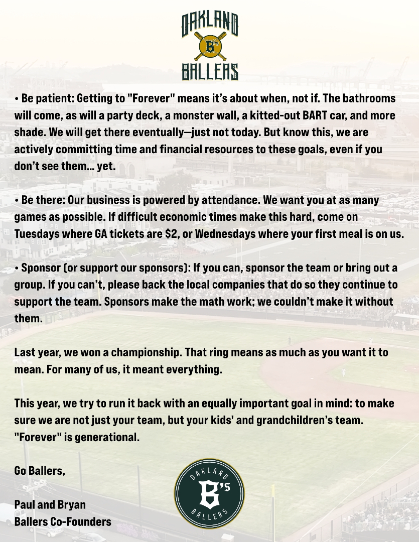 OaklandBallers's tweet photo. Built by Oakland. For Oakland. FOREVER Oakland. A letter from our co-founders ahead of Opening Day. https://t.co/pi1lYQ2dRN