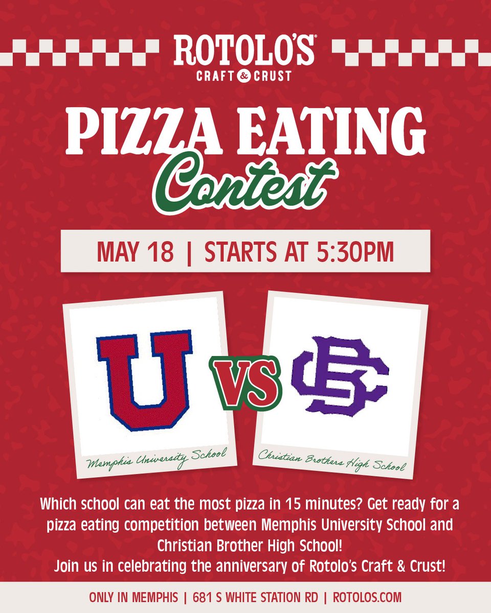 OwlBuzz's tweet photo. 🍕 IT’S TODAY. 🍕

The Owls take on CBHS tonight in a Rotolo’s Pizza Eating Contest 👀🔥

📍 Rotolo’s Craft &amp; Crust (681 S White Station Rd)
⏰ 5:30 P.M.

Who can eat the most pizza in 15 minutes? 🍕

Come out and cheer on the Owls tonight! 💪

#GoOwls https://t.co/iaDlOic0B3