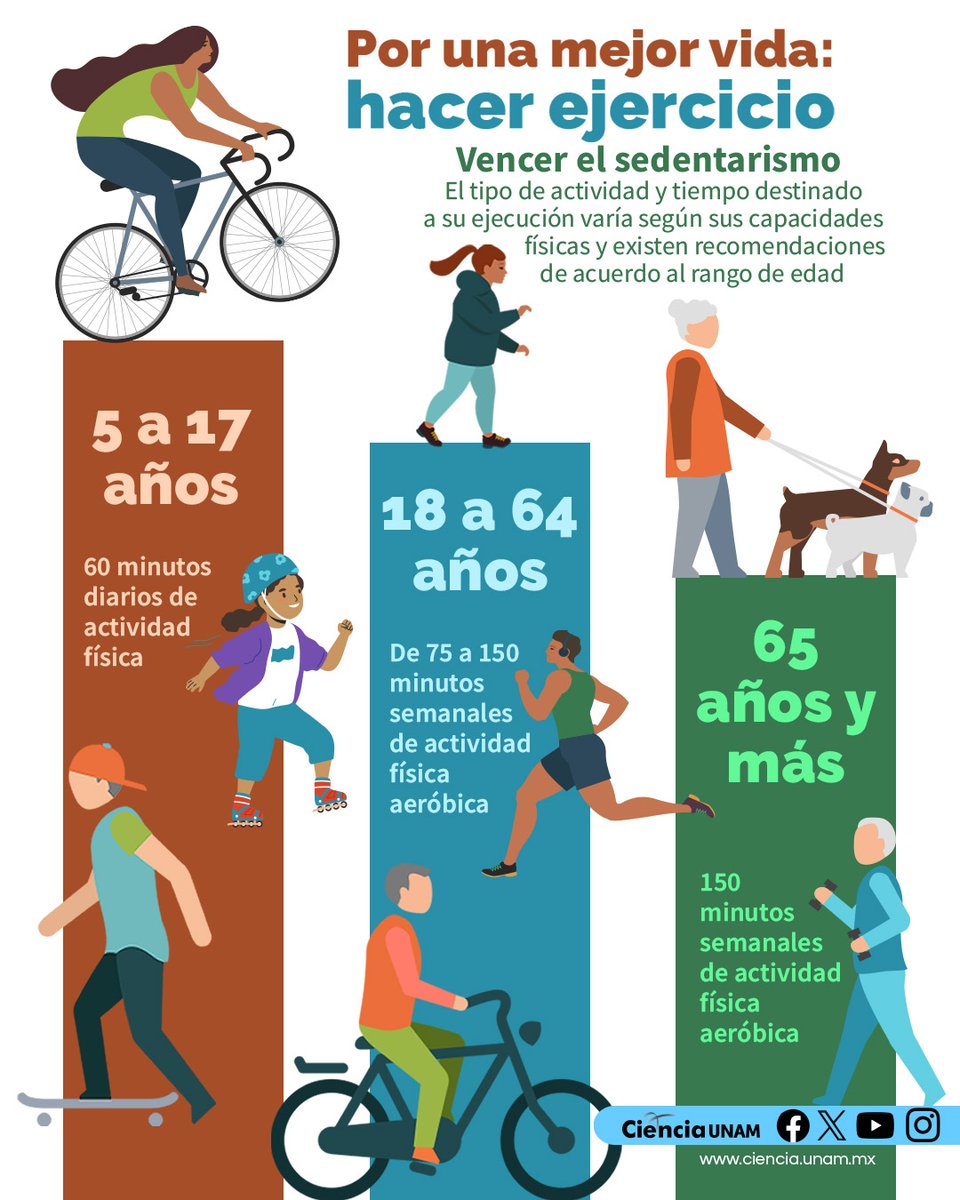 UNAM_MX's tweet photo. La actividad física recomendada varía según la edad y las capacidades físicas 🏃‍♂️🚴‍♀️.
Infografía de @Ciencia_UNAM 👇. https://t.co/0o2Qa6nvNY