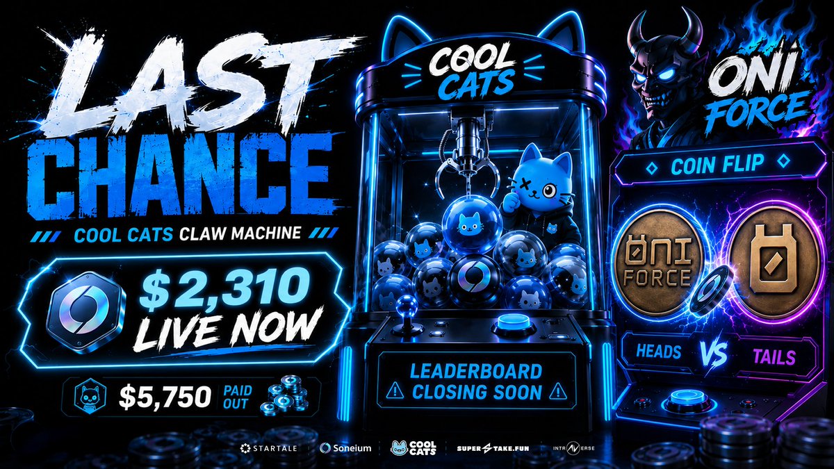 intraVerse_Game's tweet photo. Double the games, double the printing.

We’ve already paid out $5,750+ to the best players on @StartaleApp and a fresh $2,310 weekly pool is LIVE!

It’s your LAST CHANCE to win with @coolcats, and the perfect time to take over the @0n1Force leaderboard 👇 https://t.co/MXPQNOzs1i