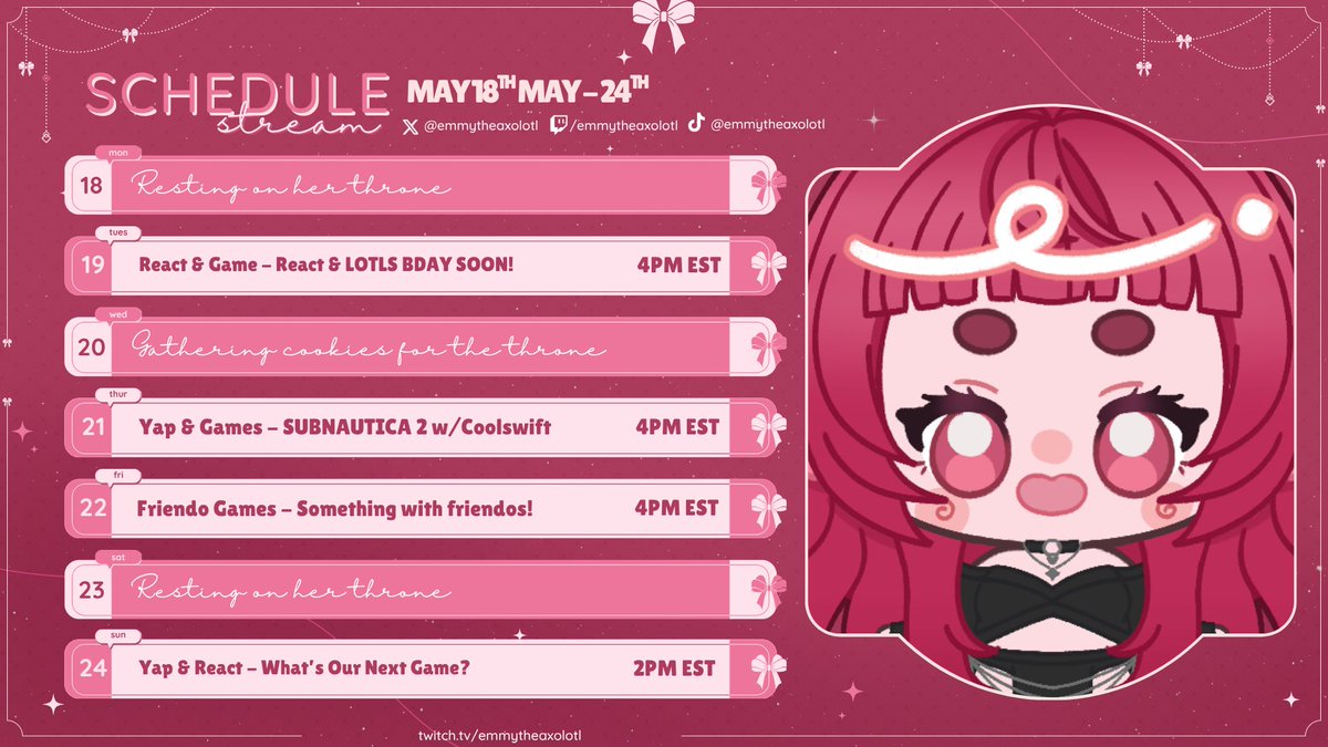 emmytheaxolotl's tweet photo. 「  Weekly Schedule 」May 18th - May 24th    

WE FINISHED UNDERTALE IM SO SADDDD 💖
   
Twitch: https://t.co/PcHh7SzoOB
Youtube: https://t.co/OSHd6sSnLW https://t.co/uZP0p6RTPJ