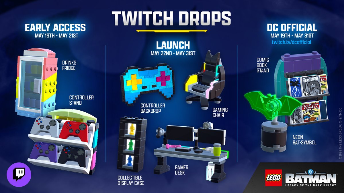 WBGamesZA's tweet photo. Build a Batcave worthy of a legend. 🦇 Watch participating streams May 19-31 to claim limited-edition Twitch Drops for #LEGOBatmanGame. Learn more here: https://t.co/QUYZPwP49U https://t.co/YLZgbsQK0K