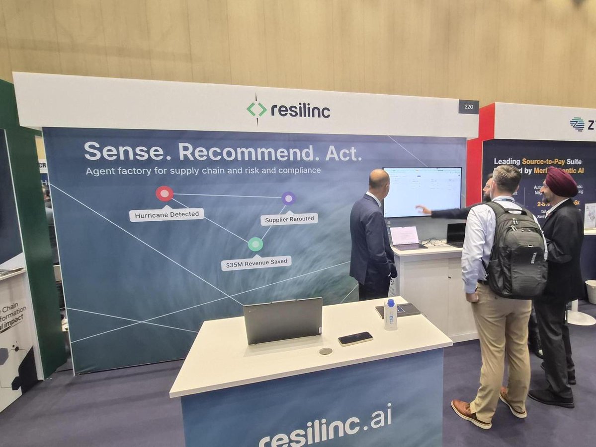 Resilinc's tweet photo. The Resilinc team had a great first day at Gartner Supply Chain Symposium Barcelona! 

Stop by Booth 220 to see agentic AI for risk and compliance in action. 👏

👉 Learn more: https://t.co/4qMJHa33Mq https://t.co/HblJFSWdY8