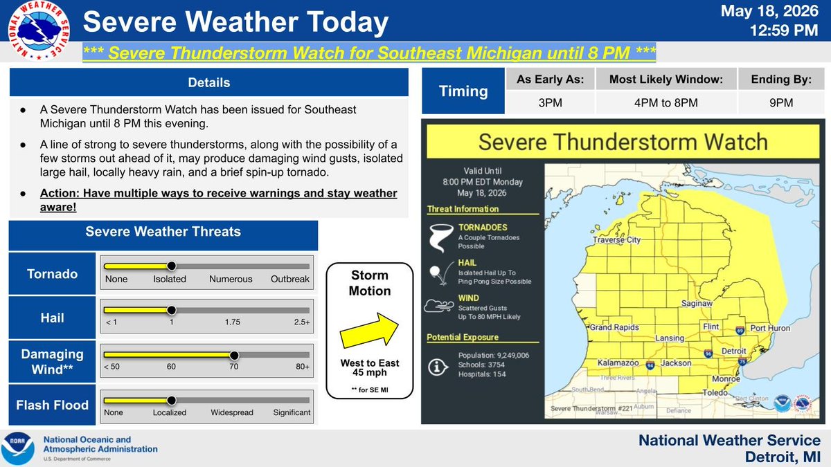 NWSDetroit's tweet photo. There is a Slight Risk for severe weather today for all of southeast Michigan. A line or broken line of storms will be capable of producing damaging wind gusts, large hail, locally heavy rain, and/or isolated tornadoes. #miwx https://t.co/xmgULNaJ6a