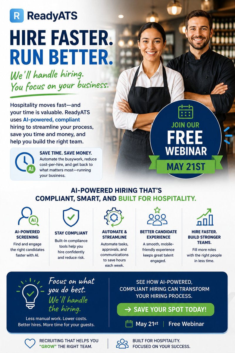 ReadyATS's tweet photo. Hospitality #hiring is already hard enough. Join our #FREE May 21st #webinar &amp; see how AI-powered, compliant hiring can help you save time, reduce costs, automate #recruiting, &amp; hire better people faster. Save your spot today! https://t.co/urLTXkrvza
#AI #ATS #Hospitality #HRTech https://t.co/y8p9P14if9