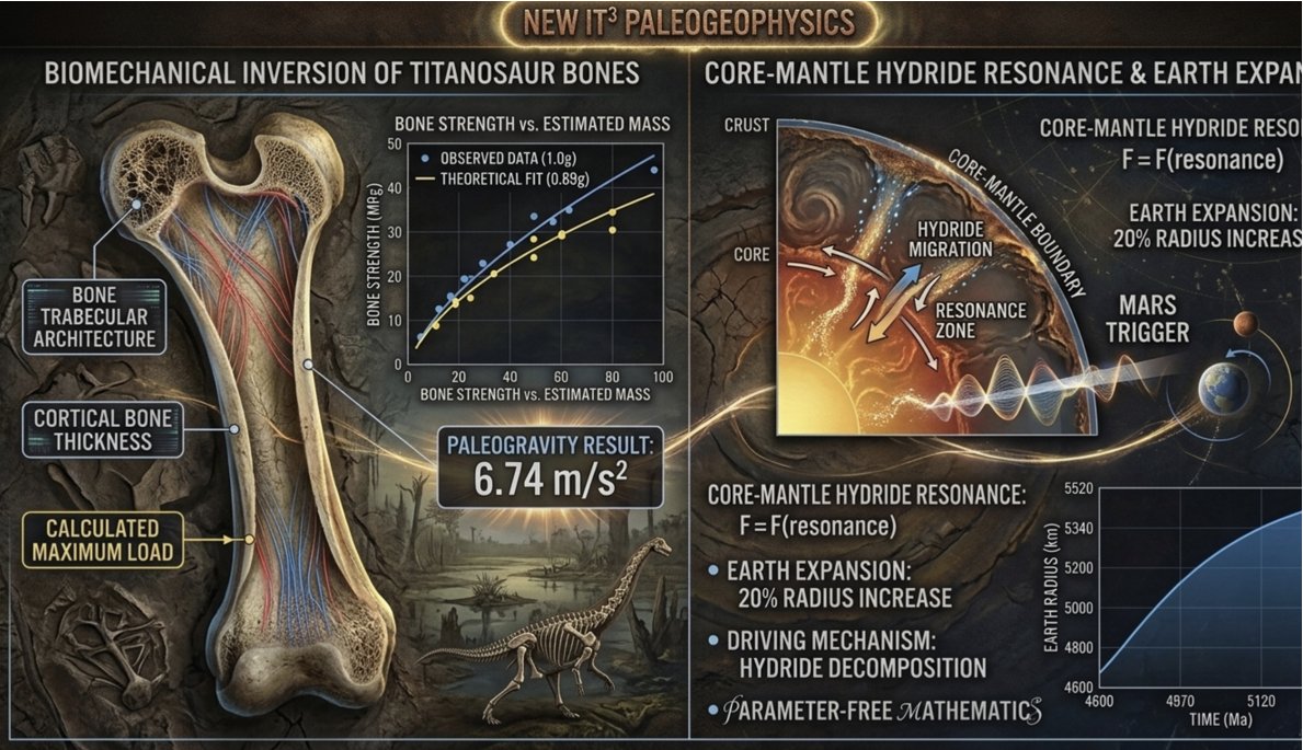 expert_ltc's tweet photo. New IT³ paleogeophysics: biomechanical inversion of titanosaur bones yields paleogravity of just 6.74 m/s². Core-mantle hydride resonance via Mars trigger expanded Earth by 20%. Parameter-free math!
https://t.co/BNjNoxiLQY
#Paleogeophysics #ExpandedEarth #MarsTrigger #Physics https://t.co/SQvbverITj