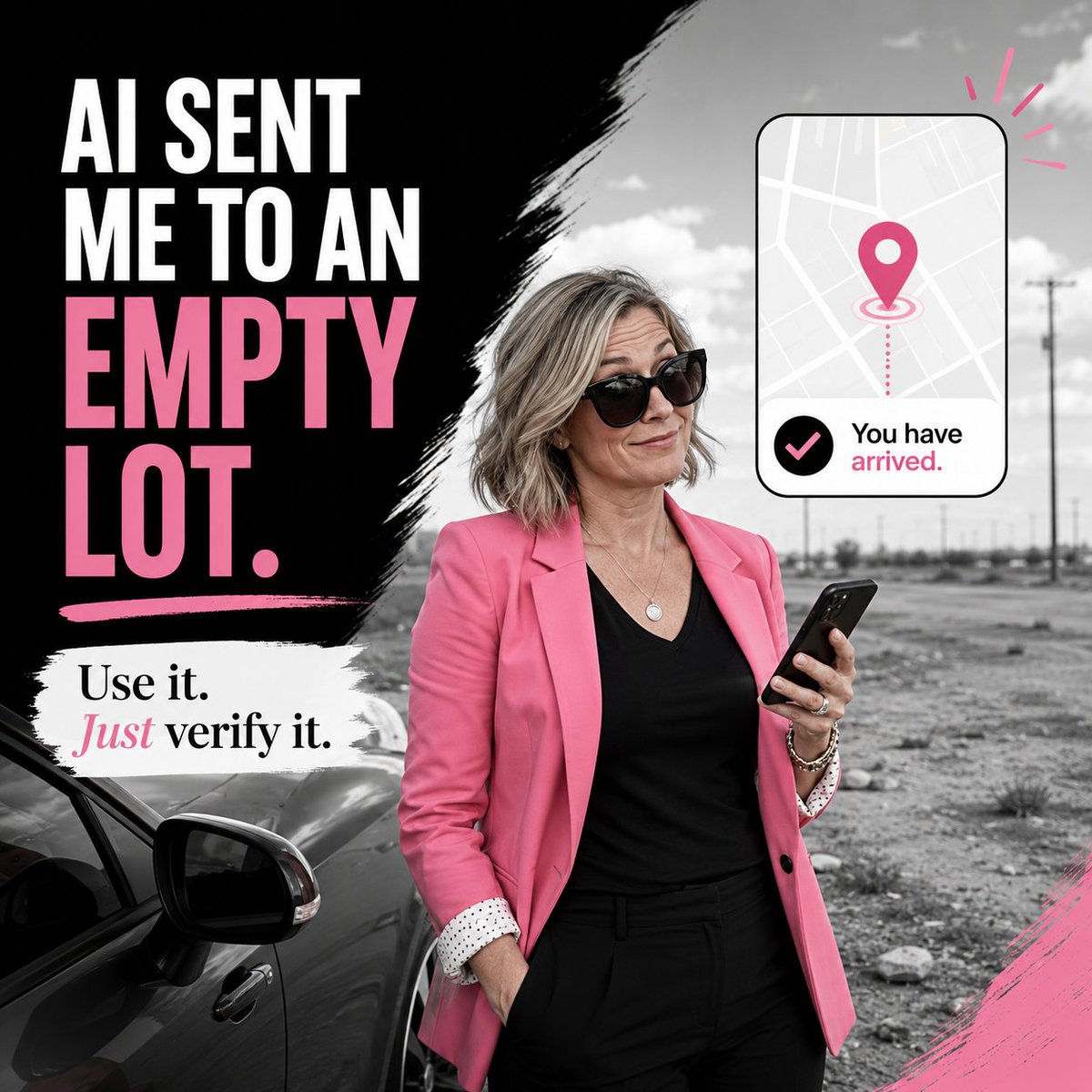 DebbieJJohnson's tweet photo. True story.  Husband needed special fishing tackle. Asked AI where to buy it. Full store name. Full address. Total confidence.  We drove there.  Empty lot. Never been built. 😂  Same energy as your GPS. Use it. Trust it. Glance at the road yourself.

#AIforWomen #WomenInBusiness https://t.co/ZbrB6ZGrFd