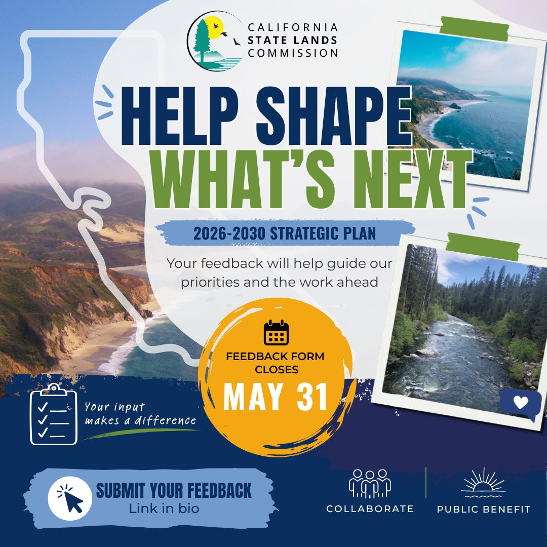 CAStateLands's tweet photo. Your voice matters in what comes next 📣. We’re developing our 2026-2030 Strategic Plan, and your feedback can help guide the work ahead. 

🗓️ Share your thoughts through May 31 at the link in our bio. 🌊�� #strategicplan #publicengagement https://t.co/t4EssUqGG7